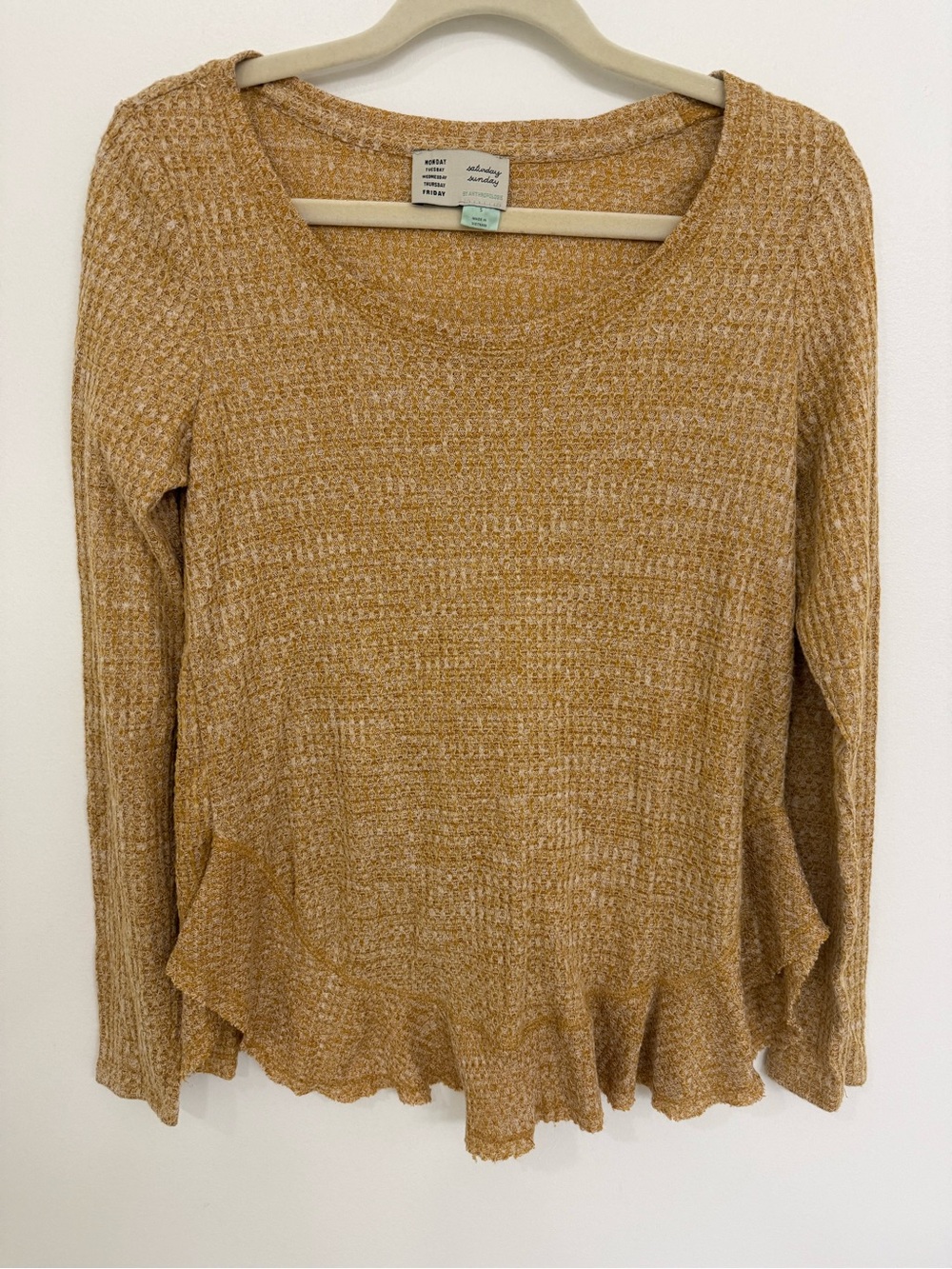 Anthropologie Women's Mustard Knit Ruffle Hem Top Size Small
